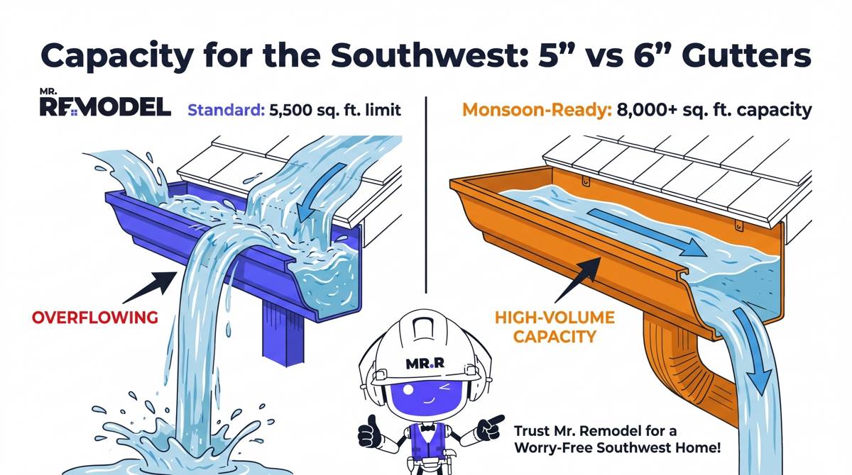 A technical diagram showing why 6-inch gutters are mandatory for managing high-volume monsoon runoff in arid climates.